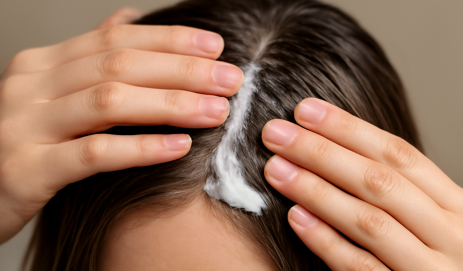 mains appliquant une crème coiffante sur cheveux