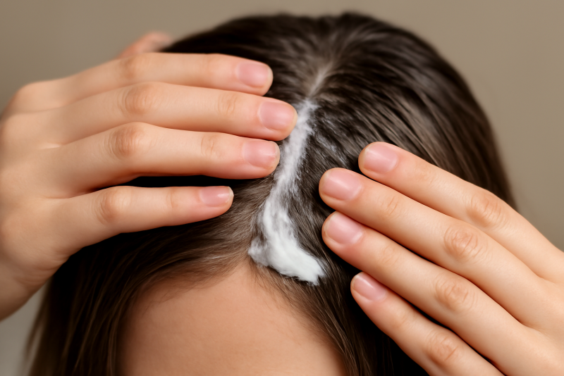 mains appliquant une crème coiffante sur cheveux