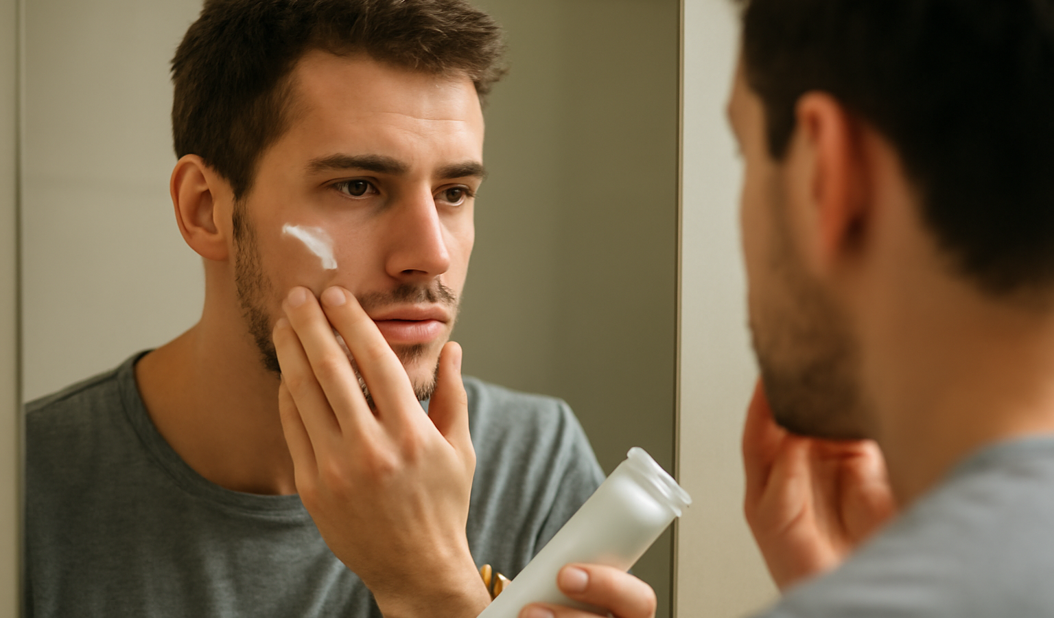 homme devant un miroir appliquant un produit