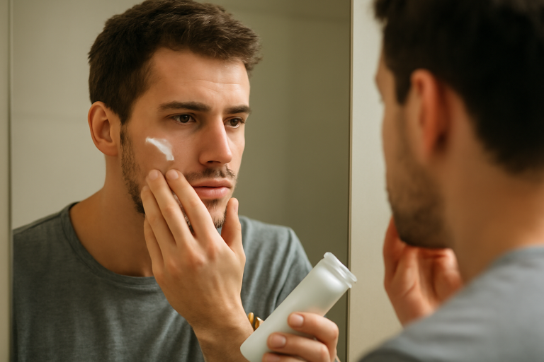 homme devant un miroir appliquant un produit