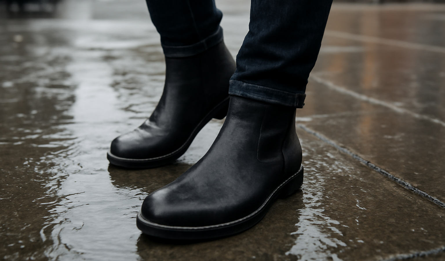 bottes marchant sur trottoir mouillé