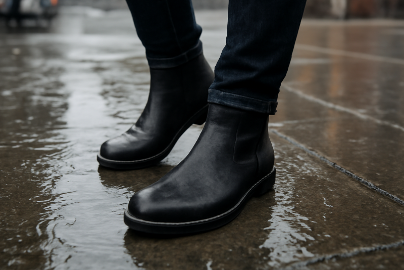 bottes marchant sur trottoir mouillé