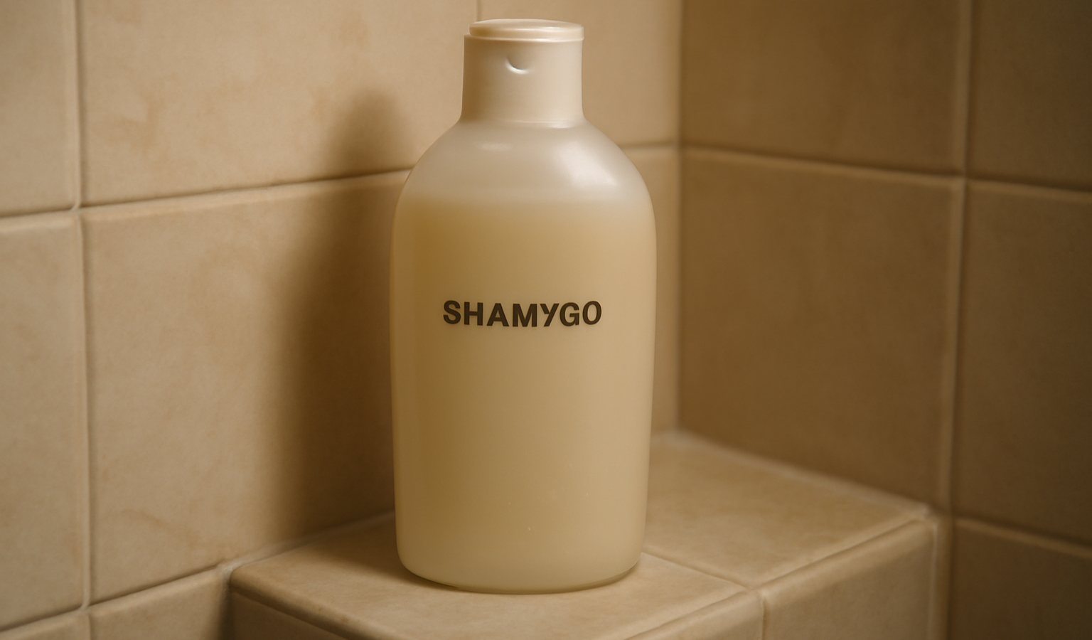 flacon de shampooing sur rebord de douche