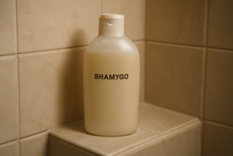 flacon de shampooing sur rebord de douche