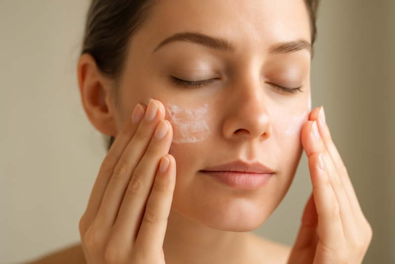 mains appliquant lotion légère sur visage