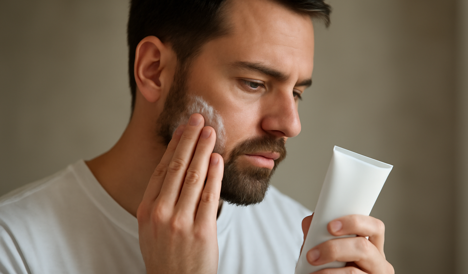 homme appliquant un baume après-rasage