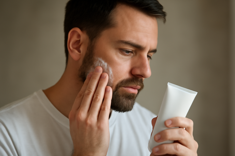 homme appliquant un baume après-rasage