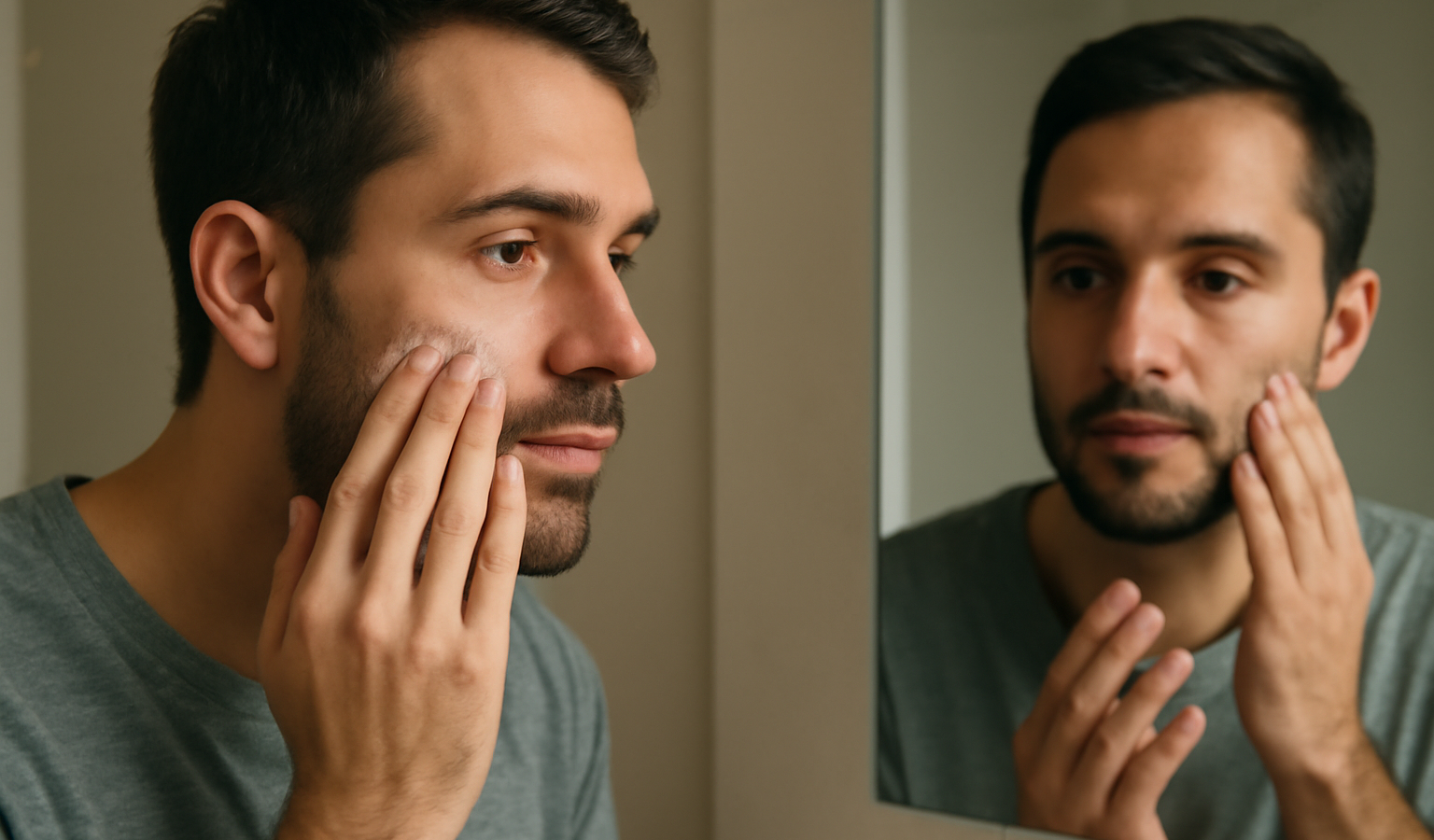 homme effectuant une routine visage devant miroir
