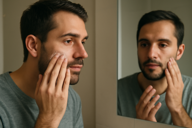 homme effectuant une routine visage devant miroir