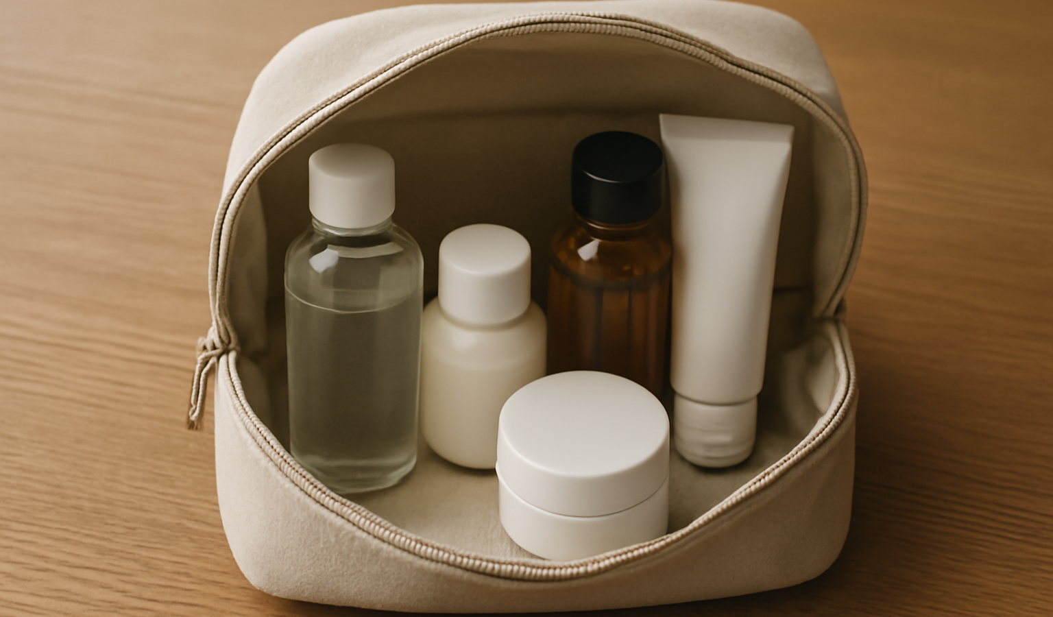trousse de toilette ouverte avec flacons