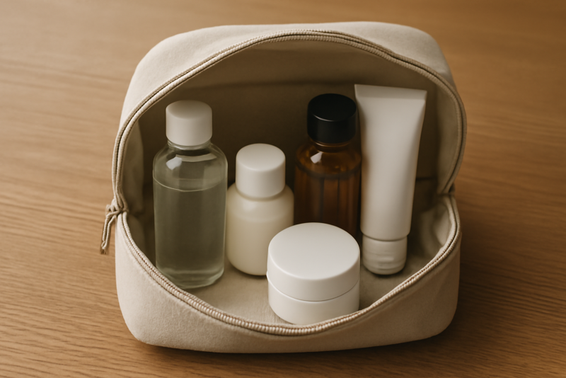 trousse de toilette ouverte avec flacons