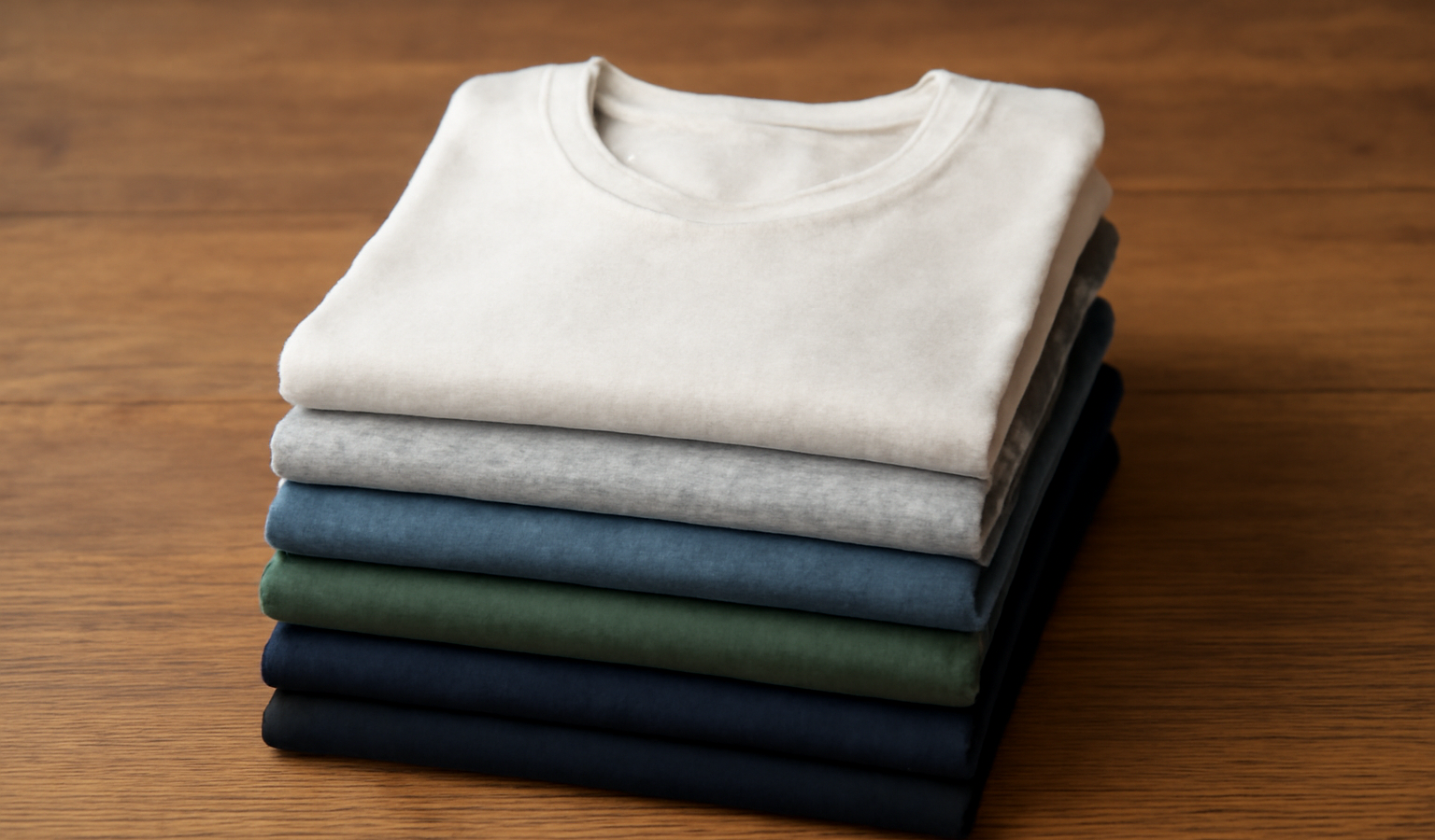 pile de t-shirts basiques sur table en bois