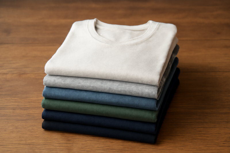 pile de t-shirts basiques sur table en bois