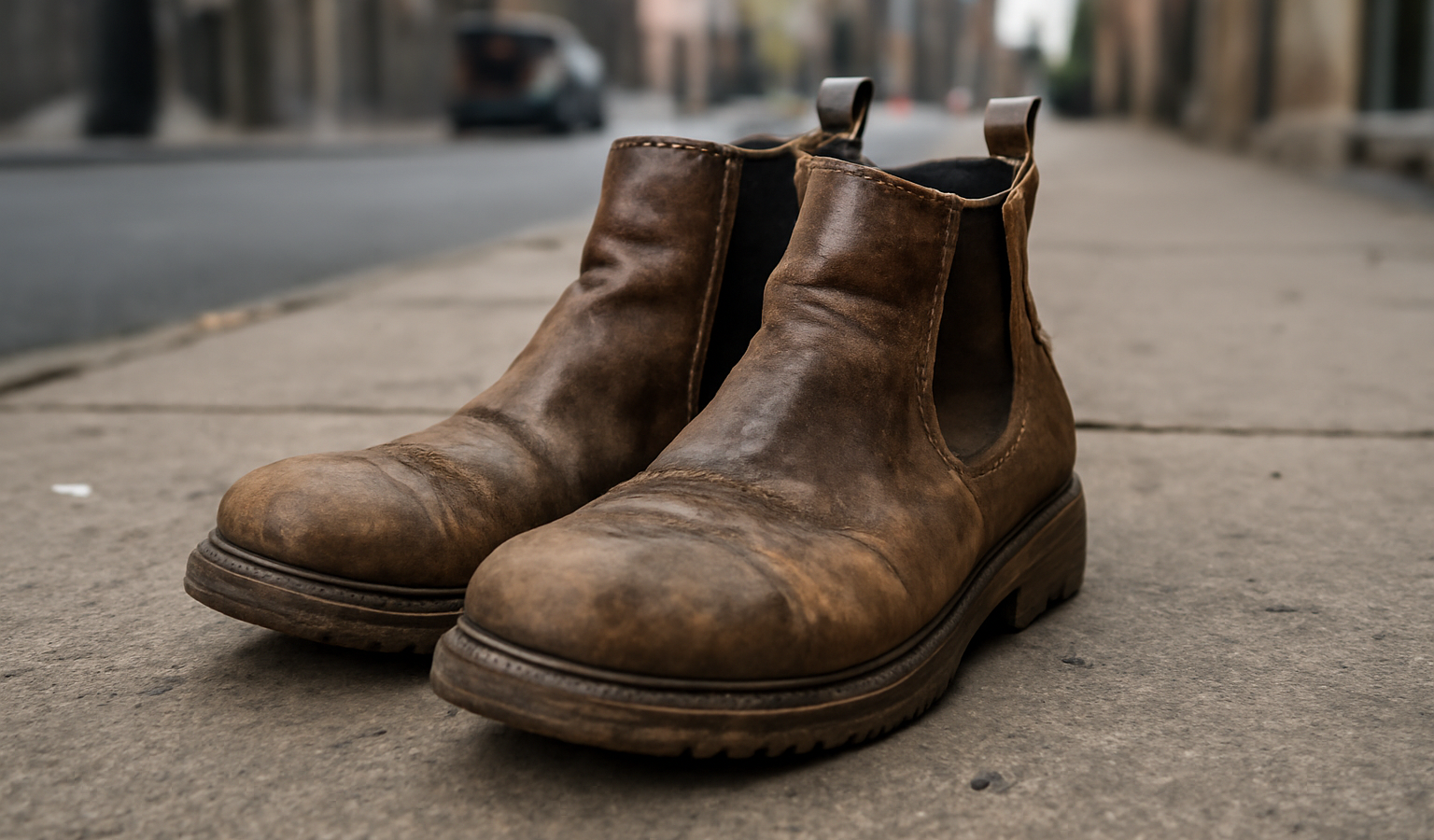 bottines usées sur un trottoir urbain