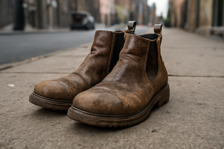 bottines usées sur un trottoir urbain