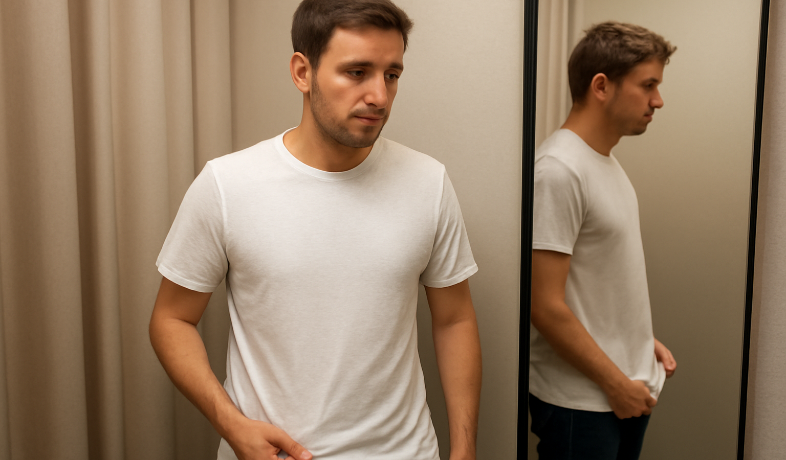 homme essayant un t-shirt basique en cabine