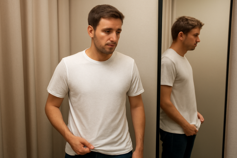 homme essayant un t-shirt basique en cabine