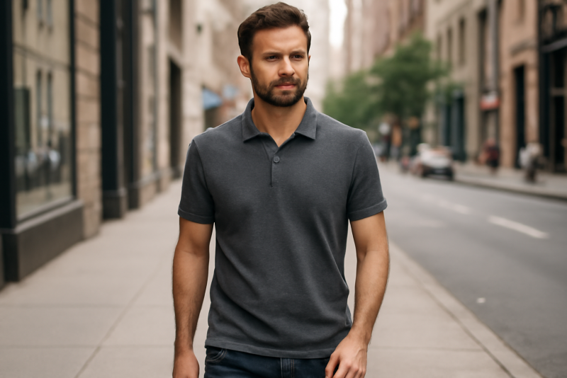 homme portant un polo simple en ville