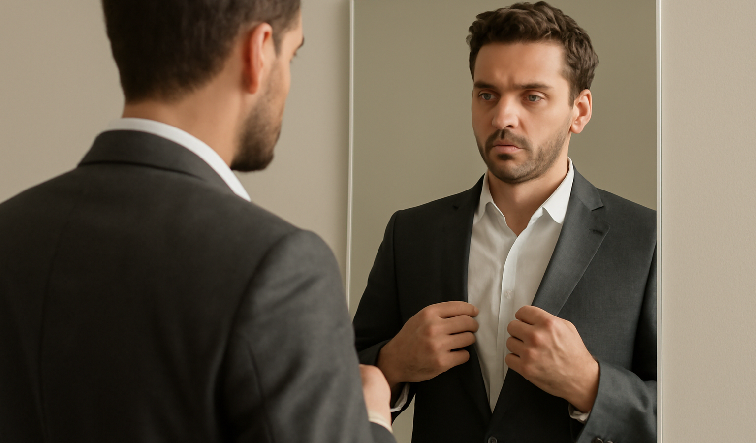 homme ajustant sa veste près d'un miroir