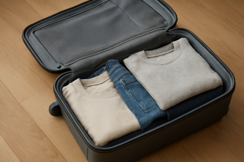 valise ouverte avec quelques pieces pliees