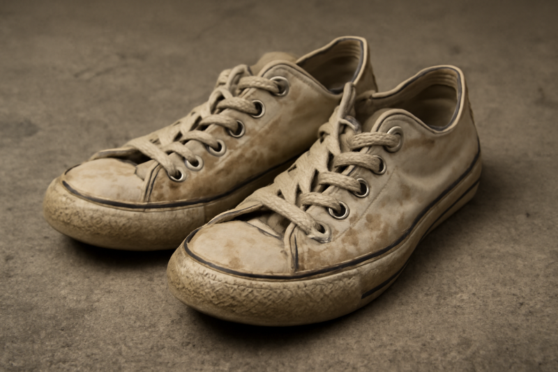 paire de sneakers usees disposées sur sol