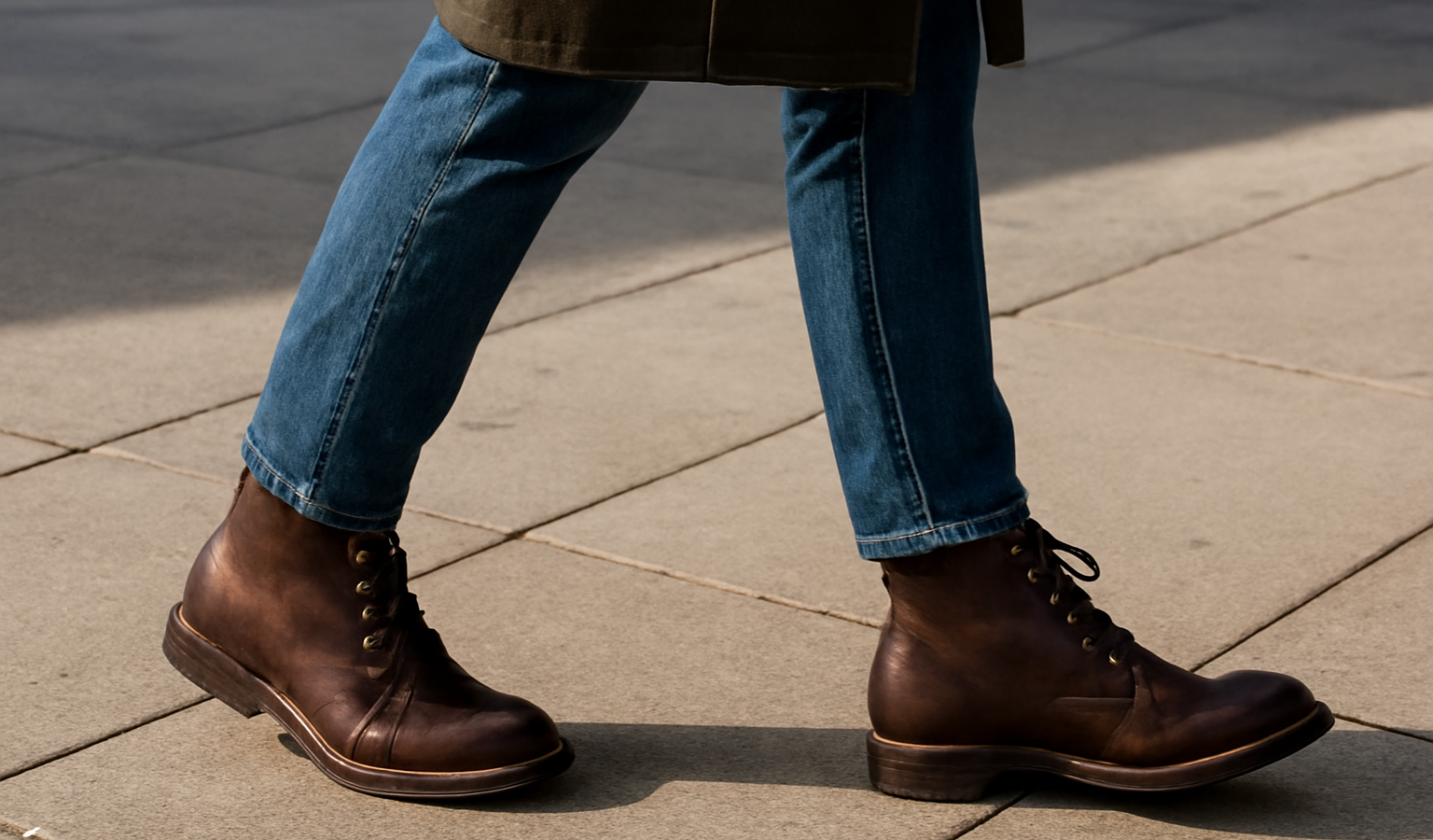 homme marchant en bottines sur trottoir