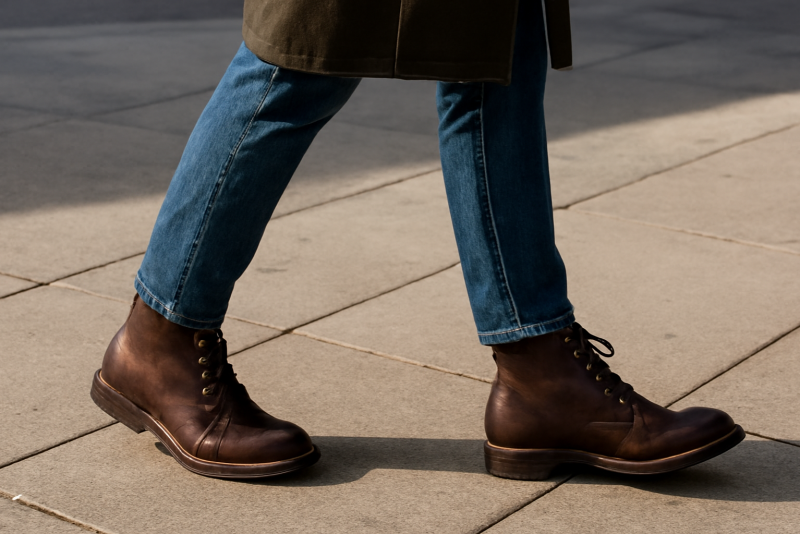 homme marchant en bottines sur trottoir