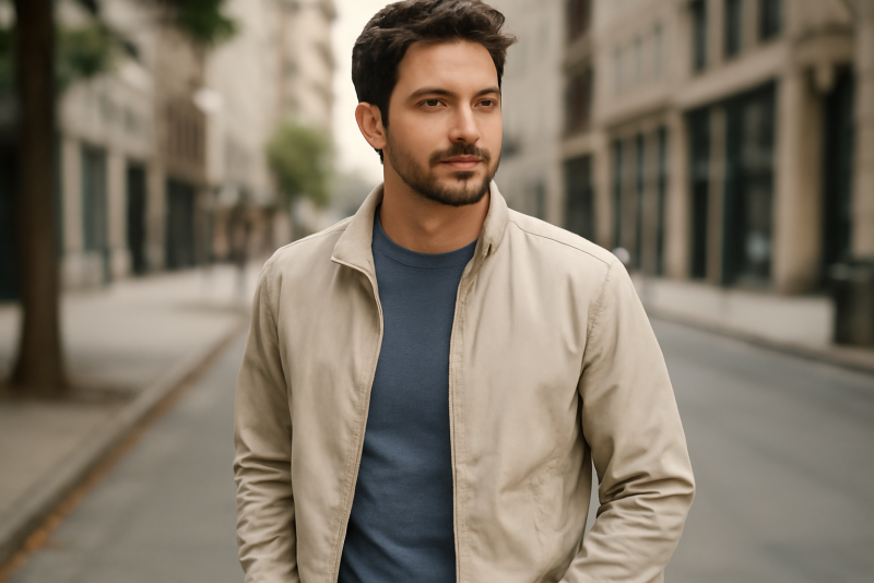 homme portant une veste légère en ville