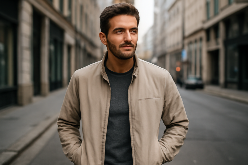 homme portant une veste légère en ville