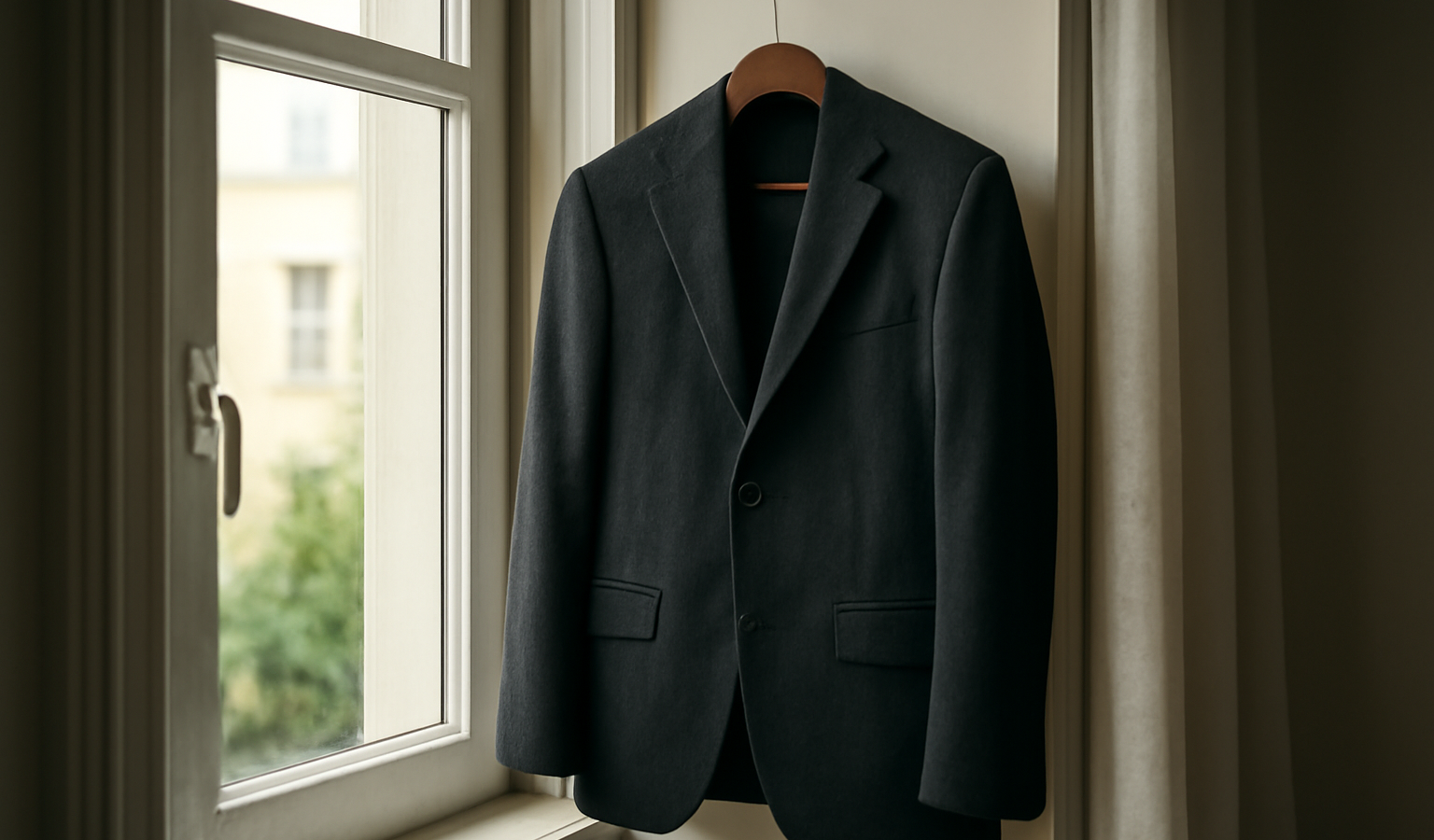 veste suspendue près d'une fenêtre ouverte