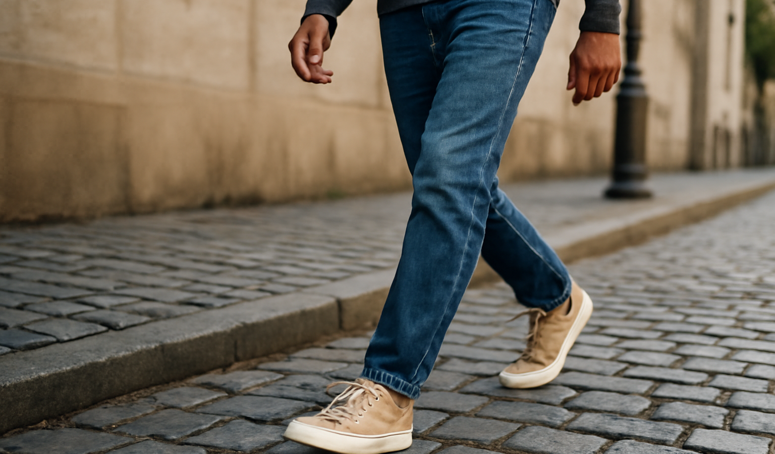 homme marchant sur un trottoir pavé en baskets