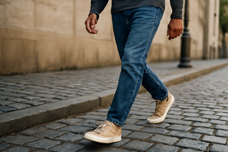 homme marchant sur un trottoir pavé en baskets
