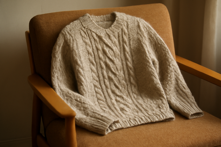 pull en laine posé sur un fauteuil