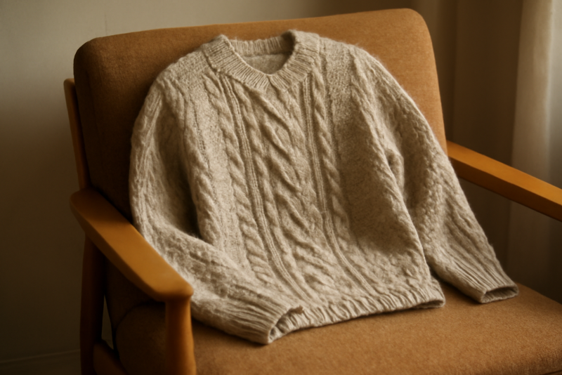 pull en laine posé sur un fauteuil